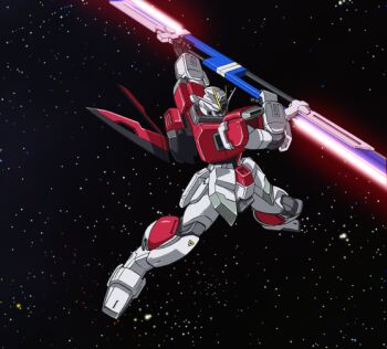 commentary_request double_blade energy_sword full_body gundam gundam_seed gundam_seed_destiny holding holding_sword holding_weapon impulse_gundam mecha mecha_focus mobile_suit no_humans outdoors protonozawa robot solo space star_(sky) sword sword_impulse_gundam two-handed v-fin weapon