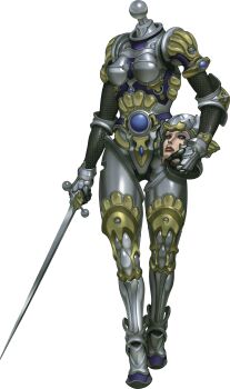 Rule 34 | 1girl, absurdres, armor, breasts, brown eyes, couter, demon (megami tensei), disembodied head, dullahan, dullahan (megami tensei), eyeshadow, helmet, highres, holding, holding detached head, holding sword, holding weapon, makeup, official art, purple eyeshadow, shin megami tensei, shin megami tensei iv, shinohara tamotsu, solo, sword, third-party source, transparent background, weapon