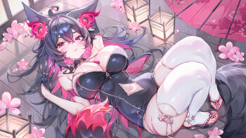 absurdres alllisso animal_ears bell cherry_blossoms fang fox_ears fox_tail highres japanese_clothes kimono red_eyes satsuki_mei_(vtuber) skin_fang smug tail white_hair