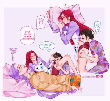 Rule 34 | 3girls, anger vein, artist name, bare legs, closed eyes, commentary, english commentary, english text, heart, highres, hood, hoodie, joannevixxon, kissing back, kissing thigh, kpop demon hunters, long hair, mira (kpop demon hunters), multiple girls, open mouth, pajamas, panties, pants, pillow, purple hair, purple pants, purple shirt, red hair, red panties, rumi (kpop demon hunters), shirt, speech bubble, spoken heart, underwear, yellow hoodie, yuri, zoey (kpop demon hunters)