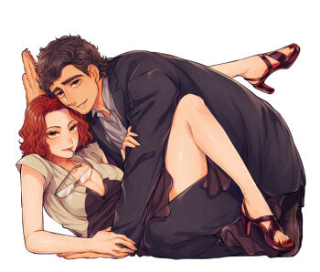 Rule 34 | 1boy, 1girl, animification, avengers: age of ultron, avengers (series), black dress, black footwear, black hair, black jacket, black pants, breasts, brown footwear, bruce banner, closed mouth, collarbone, collared jacket, collared shirt, commentary request, couple, dress, fingernails, formal clothes, glasses, green eyes, grey shirt, hand up, hetero, high heels, jacket, large breasts, leg up, lips, long sleeves, looking at viewer, lying, marvel, marvel, mizala, nail polish, natasha romanoff, open clothes, open jacket, pants, purple eyes, red hair, red nails, shirt, shoes, short hair, simple background, sitting, sleeveless, sleeveless dress, smile, suit, toenail polish, toenails, two-tone dress, unworn eyewear, white-framed eyewear, white background, white dress