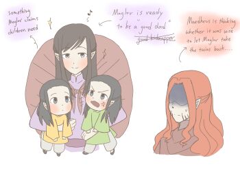 Rule 34 | 4boys, absurdres, age difference, anger vein, arrow (symbol), black hair, braid, brothers, carrying, carrying person, character name, closed mouth, elf, elrond, elros, english text, hidden eyes, highres, light smile, long hair, looking at another, looking at viewer, maedhros, maglor, male focus, multiple boys, multiple scars, musical note, open mouth, pointy ears, pujojoi, red hair, scar, scar on face, siblings, step-parent and step-child, sweat, sweatdrop, the silmarillion, tolkien's legendarium, twins, upper body