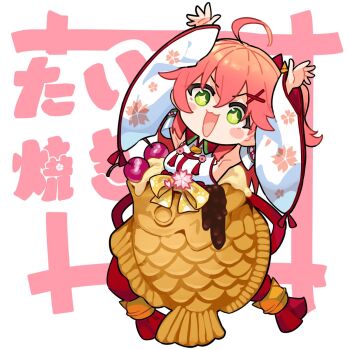 +_+ 1girl :d ahoge arms_up bell blush_stickers bow breasts commentary_request detached_sleeves floral_print food green_eyes hair_between_eyes hair_bow hair_ornament hairclip highres hololive in_food jingle_bell kutata large_breasts long_sleeves one_side_up open_mouth pink_hair print_sleeves red_bow sakura_miko sakura_miko_(1st_costume) sideboob simple_background smile solo taiyaki text_background translation_request virtual_youtuber wagashi white_background white_sleeves wide_sleeves x_hair_ornament