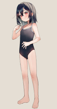 Rule 34 | 1girl, absurdres, bare legs, barefoot, black hair, black one-piece swimsuit, blush, closed mouth, collarbone, commentary, crossed bangs, fang, fingernails, flat chest, full body, grey background, hair between eyes, hand up, highres, legs, looking at viewer, meito (maze), one-piece swimsuit, original, red eyes, short hair, simple background, skin fang, smile, solo, standing, swimsuit, toenails, toes