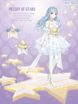 1girl anklet artist_request back_bow bare_shoulders blue_hair blunt_bangs bow brown_eyes character_name choker circlet close-up closed_mouth collarbone copyright_logo dot_nose dress english_text eyelashes frilled_dress frilled_sleeves frills full_body gold_circlet hair_ornament happy high_heels jewelry layered_sleeves lens_flare light_blush light_particles logo long_hair long_sleeves looking_at_viewer medium_dress melody_of_stars_(miracle_nikki) miracle_nikki nikki_(series) off-shoulder_dress off_shoulder official_art pantyhose pleated_dress pleated_sleeves polka_dot polka_dot_background print_bow puffy_short_sleeves puffy_sleeves purple_background shoes short_over_long_sleeves short_sleeves smile solo sparkle stage standing star_(symbol) star_choker star_hair_ornament star_print stiletto_heels tareme third-party_source vest wavy_hair white_bow white_choker white_dress white_pantyhose wide_sleeves yellow_shoes yellow_vest