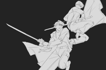 Rule 34 | 2boys, clenched hand, clenched teeth, coat, curtained hair, fighting stance, full body, hashtag-only commentary, highres, holding, holding sword, holding weapon, imminent attack, kim dokja, knee up, male focus, multiple boys, nemomosso, omniscient reader's viewpoint, open clothes, open coat, short hair, sword, teeth, weapon, wind, wind lift, yoo joonghyuk