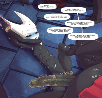 1girl 3boys absurdres after_rape after_vaginal arms_up arthropod_girl black_sclera black_skin chained_wrists cloak colored_sclera colored_skin completely_nude cum cum_in_pussy english_text flat_chest highres hollow_knight hollow_knight:_silksong horned_mask hornet_(hollow_knight) huge_penis mask multiple_boys navel needle_(hollow_knight) nipples nude penis pussy red_cloak roadiesky solo_focus speech_bubble white_mask