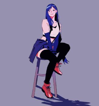 bare_shoulders between_legs black_bra black_skirt black_thighhighs blue_hair boots bra breasts cheseely crop_top earrings elbow_gloves final_fantasy final_fantasy_vii final_fantasy_vii_remake full_body gloves grey_background hand_between_legs highres jewelry long_hair medium_breasts midriff miniskirt parted_lips red_boots shirt sitting skirt smile sports_bra stool suspenders thighhighs tifa_lockhart underwear white_shirt