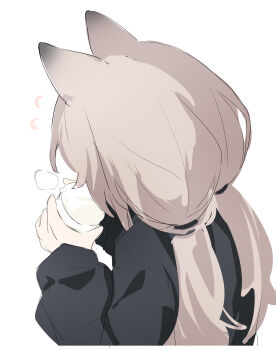 Rule 34 | 1girl, absurdres, animal ears, black shirt, brown hair, commentary request, cup, facing away, flying sweatdrops, from side, highres, holding, holding cup, long hair, long sleeves, low twintails, original, puffy long sleeves, puffy sleeves, riya (01214), shirt, simple background, solo, twintails, upper body, very long hair, white background