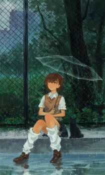 1girl absurdres animal bob_cut brown_eyes brown_hair brown_shoes brown_vest building cat chain-link_fence city collared_shirt feitu233 fence forest full_body highres holding holding_umbrella knees_together_feet_apart looking_up misaka_mikoto nature outdoors puddle rain scenery shirt shoes short_hair sidewalk sitting socks solo toaru_majutsu_no_index tree umbrella vest white_shirt white_socks