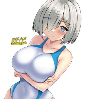 1girl blue_eyes blue_one-piece_swimsuit breasts competition_swimsuit covered_navel crossed_arms dated grey_hair hair_ornament hair_over_one_eye hairclip hamakaze_(kancolle) highres impossible_clothes impossible_swimsuit kantai_collection large_breasts looking_at_viewer montemasa one-hour_drawing_challenge one-piece_swimsuit short_hair solo swimsuit twitter_username two-tone_swimsuit upper_body white_one-piece_swimsuit