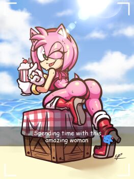 absurdres amy_rose ass ass_focus back bare_legs beach bikini bikini_bottom bikini_top boots couple food from_behind gloves green_eyes hairband halfgalaxy heart highres huge_ass ice_cream legs marriage_ring medium_hair ocean one_eye_closed petite pink_fur pink_hair pov red_bikini sand sega sonamy sonic_(series) sonic_the_hedgehog sweat swimsuit tail wink