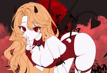 1girl ass bare_shoulders bat_(animal) bat_ornament bat_wings blonde_hair breasts cleavage clothing_cutout cloud collar demon_girl demon_horns demon_tail demon_wings don_quixote_(project_moon) finger_to_mouth heart_cutout heart_ring_strap highleg highleg_leotard horns leotard limbus_company long_hair medium_breasts moon project_moon red_eyes red_moon rodionlotte sancho_(project_moon) shushing solo tail tail_through_clothes thigh_strap thighs wings