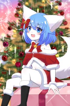 Rule 34 | :d, bell, blue hair, boots, bow, box, capelet, christmas, christmas tree, colored skin, commentary, dot nose, dress, english commentary, fur-trimmed dress, fur trim, gift, gift box, hair bow, hair ornament, highres, indie virtual youtuber, midriff, open mouth, red capelet, santa costume, short hair, sitting, smile, sparkle, thick eyelashes, thighs, virtual youtuber, wolf girl, wolfychu, wolfychu (artist)