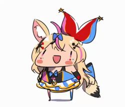 1girl animal_ear_fluff animal_ears animated blonde_hair blue_bow blush bow chibi female_focus fox_ears fox_girl fox_tail gloves hair_bow hat headbanging hololive jester_cap maru_ccy multicolored_hair omaru_polka omaru_polka_(1st_costume) open_mouth pink_hair purple_eyes single_glove solo streaked_hair tail tilted_headwear video virtual_youtuber walfie_(style)