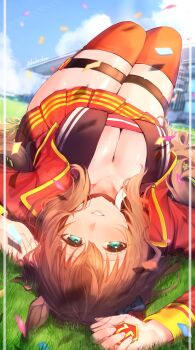 1girl animal_ears blush bow breasts brown_hair brown_sailor_collar chikabe cleavage commentary_request cropped_jacket ear_bow ear_ornament hair_between_eyes highres horse_ears horse_girl horse_tail jacket large_breasts long_hair long_sleeves looking_at_viewer maruzensky_(formula_r)_(umamusume) maruzensky_(umamusume) pendant_choker red_jacket red_serafuku red_shirt red_skirt red_thighhighs sailor_collar school_uniform serafuku shirt skirt smile solo tail textless_version thighhighs thighs umamusume umamusume:_cinderella_gray upside-down