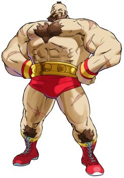 1990s_(style) 1998 1boy absurdres beard bengus boots brown_hair capcom chest_hair facial_hair game_cg hand_on_own_hip highres male_focus marvel marvel_vs._capcom marvel_vs._capcom_1 mohawk muscular non-web_source official_art red_boots retro_artstyle scar scar_on_arm small_pupils solo street_fighter topless_male wrestler wrestling_outfit zangief