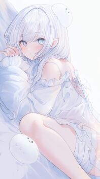 1girl absurdres aqua_eyes bandaged_leg bandages bare_shoulders barefoot creature demon_wings dress heterochromia highres kurage_cc long_hair long_sleeves lying off-shoulder_dress off_shoulder on_stomach original pointy_ears purple_eyes see-through_clothes see-through_dress simple_background spaghetti_strap white_background white_dress white_hair wings