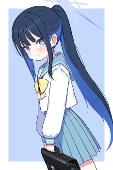 1girl absurdres aged_down alternate_costume alternate_hairstyle black_hair blue_archive blue_hair blue_skirt blush commentary_request halo highres holding korean_commentary long_hair long_sleeves looking_at_viewer partial_commentary pleated_skirt ponytail sailor_collar saori_(blue_archive) school_uniform serafuku skirt solo zing_(z_z_zing)