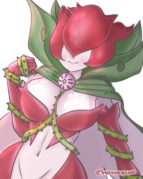 1girl 2020 artist_name between_breasts bodysuit breasts cape cleavage crotchless digimon digimon_(creature) gloves green_cape groin highres large_breasts mafuubun mask mask_on_head midriff navel red_bodysuit red_gloves rosemon shiny_skin sleeveless sleeveless_bodysuit thorns tiferet two-tone_cape white_background white_cape