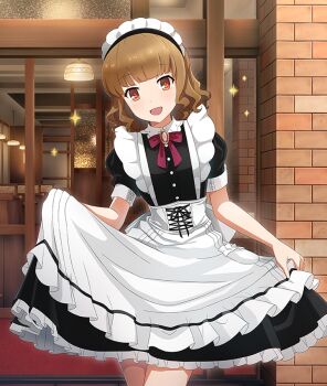 1girl :d alternate_costume apron black_dress blunt_bangs booth_seating bow bowtie brooch brown_hair buttons cowboy_shot crossed_legs curtsey dot_nose dress enmaided game_cg gem hanging_light jewelry looking_at_viewer maid maid_apron maid_headdress naeba_wakako official_art open_mouth pink_gem puffy_short_sleeves puffy_sleeves red_bow red_bowtie red_eyes red_pupils restaurant short_hair short_sleeves skirt_hold smile solo sparkle storefront third-party_source toji_no_miko toji_no_miko:_kizamishi_issen_no_tomoshibi wavy_hair white_apron