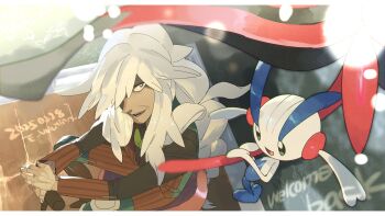 1boy az_(pokemon) bow bowtie brown_pants brown_vest cane dated e_volution floette floette_(eternal) gen_6_pokemon green_bow green_bowtie hair_over_one_eye highres holding holding_cane letterboxed long_hair long_sleeves looking_to_the_side male_focus nintendo pants patchwork_clothes pokemon pokemon_(creature) pokemon_legends:_z-a shirt stitches vest white_hair