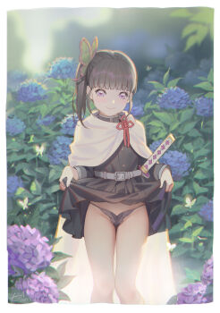 1girl alphonse_(white_datura) bare_legs black_hair black_jacket black_panties black_skirt blunt_bangs blurry blush border bug bush butterfly butterfly_hair_ornament cape closed_mouth clothes_lift dated depth_of_field feet_out_of_frame female_focus flower green_theme groin hair_ornament highres hydrangea insect jacket katana kimetsu_no_yaiba lifting_own_clothes loli long_hair long_sleeves looking_at_viewer panties purple_eyes sheath sheathed side_ponytail signature skindentation skirt skirt_lift smile solo standing sword tsuyuri_kanao underwear upskirt weapon white_border white_cape