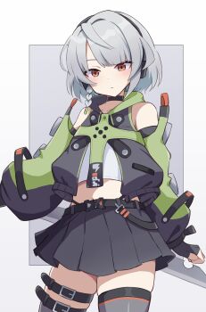 1girl absurdres anby_demara bare_shoulders belt belted_skirt black_skirt blush border braid braided_sidelock closed_mouth collar collarbone commentary_request cowboy_shot fingerless_gloves gloves green_jacket green_sleeves grey_background grey_hair grey_thighhighs headphones highres holding holding_behind_back holding_weapon_behind_back jacket looking_at_viewer multicolored_sleeves orange_eyes piyo_to_game short_hair skirt sleeveless sleeveless_jacket solo sword thigh_belt thigh_strap thighhighs weapon white_border zenless_zone_zero