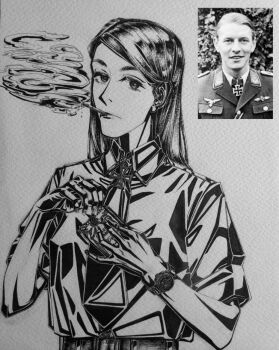 1boy 1girl belt bordfunker133 cigarette commentary_request cross earrings expressionless greiner-chan_(bordfunker133) greyscale herman_greiner iron_cross jewelry leather_belt long_hair looking_at_viewer military_uniform monochrome nazi original photo_(medium) real_life shirt short_sleeves smoke soldier solo upper_body watch wristwatch