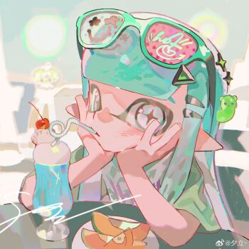 Rule 34 | 1girl, absurdres, acuteghost, aqua hair, bendy straw, cherry, closed mouth, commentary, cross-shaped pupils, cup, drinking, drinking glass, drinking straw, drinking straw in mouth, eyewear on head, food, fruit, green-framed eyewear, green shirt, grey eyes, hair ornament, hairclip, hands on own cheeks, hands on own face, highres, ice cream, ice cream float, inkling, inkling girl, inkling player character, long hair, melon, nintendo, plate, pointy ears, shirt, solo, splatoon (series), sunglasses, symbol-only commentary, symbol-shaped pupils, t-shirt, tentacle hair, triangle hair ornament, watermark, weibo watermark