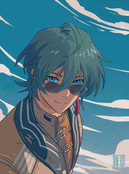 1boy artist_name blue_eyes blue_sky chinese_clothes cloud earrings grey_hair jacket jewelry kaa05n2 looking_at_viewer looking_over_eyewear male_focus sky smile solo sunglasses wise_(soaring_crane)_(zenless_zone_zero) wise_(zenless_zone_zero) yellow_jacket zenless_zone_zero