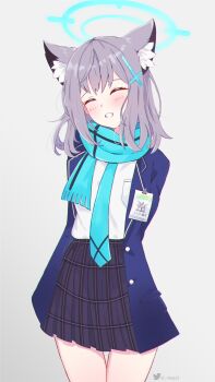 1girl absurdres abydos_high_school_logo animal_ear_fluff animal_ears aqua_necktie aqua_scarf black_skirt blazer blue_archive blue_halo blue_jacket blush breast_pocket closed_eyes commentary cowboy_shot cross_hair_ornament gradient_background grey_background grey_hair hair_between_eyes hair_ornament halo highres id_card jacket magui3 medium_hair necktie open_clothes open_jacket open_mouth plaid_clothes plaid_skirt pleated_skirt pocket scarf shiroko_(blue_archive) shirt sidelocks simple_background skirt solo standing striped_clothes striped_scarf teeth twitter_logo twitter_username white_shirt wolf_ears