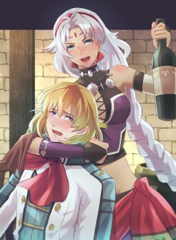 1boy 1girl armband black_armband blonde_hair bottle breasts bridal_gauntlets cleavage cleavage_cutout clothing_cutout coat crop_top dark-skinned_female dark_skin double-parted_bangs drunk earrings eiyuu_densetsu facial_mark forehead_mark green_eyes grey_hair hair_between_eyes hairband highres holding holding_bottle hoop_earrings indoors jewelry large_breasts long_hair midriff neckerchief olivert_reise_arnor open_mouth parted_bangs purple_eyes red_neckerchief riou_(pooh920) scherazard_harvey short_hair smile sora_no_kiseki upper_body white_hair