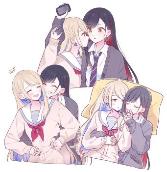 2girls azusawa_kohane beru_popooo black_hair blonde_hair blue_hair blue_nails blush braid brown_cardigan cardigan cellphone closed_eyes collared_shirt colored_inner_hair couple diagonal-striped_clothes diagonal-striped_necktie grey_cardigan highres holding holding_hands holding_phone kamiyama_high_school_uniform_(project_sekai) long_hair miyamasuzaka_girls&#039;_academy_school_uniform multicolored_hair multiple_girls multiple_views nail_polish necktie official_alternate_hair_length official_alternate_hairstyle one_eye_covered open_cardigan open_clothes orange_eyes phone project_sekai red_hair red_nails sailor_collar school_uniform serafuku shiraishi_an shirt side_braid sleeves_past_wrists smartphone striped_clothes whip_the_wimp_girl!!_(project_sekai) white_sailor_collar white_shirt yellow_eyes yuri