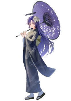 1girl :t absurdres alternate_costume black_kimono blue_archive blue_eyes blush closed_mouth commentary_request floral_print floral_print_kimono from_side full_body hallo_(rltkdydrltk) hand_up highres holding holding_umbrella japanese_clothes kimono long_hair looking_at_viewer oil-paper_umbrella print_kimono purple_hair purple_umbrella red_pupils sandals simple_background socks solo standing umbrella very_long_hair white_background white_socks yuuka_(blue_archive)