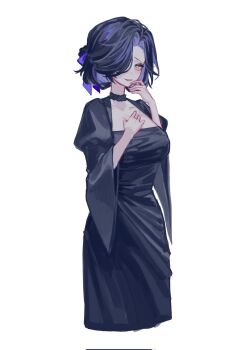 1girl alternate_costume black_choker black_dress black_hair bow choker cowboy_shot cropped_legs dress hair_bow hair_over_one_eye hands_up highres juliet_sleeves long_sleeves one_eye_covered parted_lips pink_eyes puffy_sleeves purple_bow reverse:1999 short_hair sikhye_(ccc14t) smile solo tuesday_(reverse:1999) white_background wide_sleeves