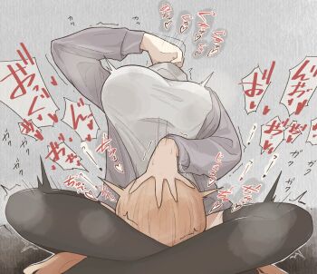 1girl arm_up autocunnilingus az84997592 black_thighhighs blonde_hair breasts cardigan commentary_request cunnilingus disembodied_head dullahan female_masturbation grey_cardigan hand_on_own_head heart highres indian_style large_breasts long_hair masturbation open_cardigan open_clothes oral original perverted_utility shirt sitting solo thighhighs