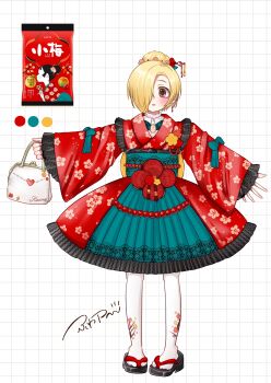 1girl 2girls absurdres bag blonde_hair blush brown_eyes commentary_request earrings floral_print full_body fuwap_(hijirigakawaii) hair_bun hair_ornament hair_over_one_eye hair_stick handbag highres idolmaster idolmaster_cinderella_girls japanese_clothes jewelry kimono koume-chan_(lotte) looking_at_viewer lotte_(company) multiple_girls print_kimono red_kimono sandals shirasaka_koume short_hair thighhighs white_thighhighs zouri