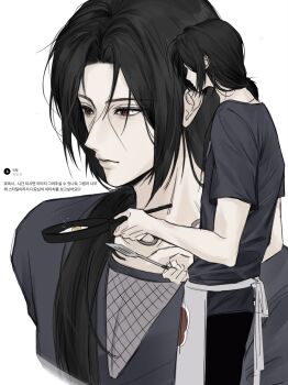 1boy apron black_hair black_pants black_shirt cowboy_shot damyo_x facial_mark fishnet_top fishnets fried_egg frying_pan hair_over_shoulder highres holding holding_frying_pan jewelry korean_text low_ponytail male_focus multiple_views naruto_(series) naruto_shippuuden necklace pants parted_bangs ponytail red_eyes sharingan shirt solo uchiha_itachi upper_body waist_apron white_background