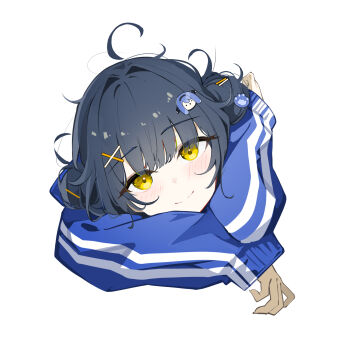 1girl ahoge black_hair blue_jacket character_hair_ornament closed_mouth commentary_request cropped_shoulders double_bun firehippo gangzi_(vtuber) hair_bun hair_intakes hair_ornament highres jacket korean_commentary long_sleeves looking_at_viewer messy_hair paw_hair_ornament simple_background smile solo split_mouth stellive track_jacket virtual_youtuber white_background x_hair_ornament yellow_eyes