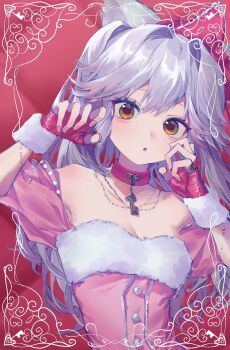 1girl :o aegyo_sal animal_ears breasts brown_eyes cat_ears cat_girl choker cleavage commentary_request double-parted_bangs dress fingerless_gloves fur-trimmed_dress fur-trimmed_gloves fur_trim gloves grey_hair hair_intakes hands_up highres inset_border jewelry key key_choker long_hair looking_at_viewer necklace okubatomaeba open_mouth original pink_background pink_choker pink_dress pink_gloves short_sleeves small_breasts solo upper_body