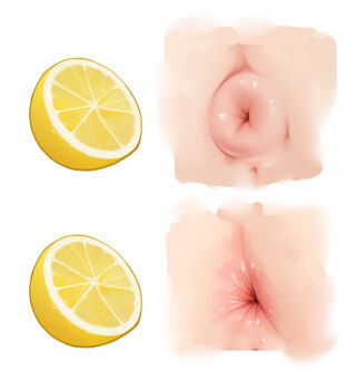 1girl anus food fruit highres lemon lemon_slice meme merrytail original puckered_anus pussy pussy_peek simple_background thour_(meme) white_background
