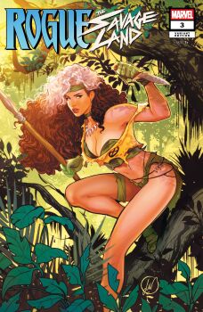 Rule 34 | 1girl, absurdres, asymmetrical dual wielding, branch, breasts, brown hair, character name, cleavage, comic cover, company name, copyright logo, copyright name, cover, cover page, curly hair, dual wielding, gloves, gradient hair, green eyes, green gloves, green headband, green panties, green shoes, green tank top, headband, highres, holding, holding knife, holding polearm, holding weapon, jewelry, jungle, knife, leaf, logo, long hair, looking to the side, lukas werneck, marvel, medium breasts, midriff, multicolored hair, nature, navel, necklace, official alternate costume, official art, outdoors, panties, parted lips, polearm, realistic, rogue (savage south) (x-men), rogue (x-men), shirt, shoes, signature, solo, spear, tank top, thigh strap, tooth necklace, torn clothes, torn shirt, torn tank top, underwear, weapon, western comics (style), white hair, x-men, yellow shirt