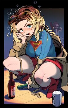 2girls asahi_breweries beer_bottle beer_can black_border blonde_hair blush bocchi_the_rock! boots border bottle breasts can coat commentary crossover dc_comics drink_can drunk eyewear_on_head gashi-gashi hand_on_own_face highres hiroi_kikuri looking_at_viewer messy_hair multiple_girls open_mouth outside_border red_boots skirt squatting squeans sunglasses supergirl superhero_costume superman_(series) superman_logo sweat untranslatable_commentary v-shaped_eyebrows