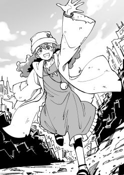 1boy absurdres badge beads beanie button_badge city cityscape cloud cloudy_sky coat commentary_request curly_hair day dirty dirty_clothes dress facial_mark facial_tattoo frayed_clothes frilled_dress frills full_body greyscale hair_between_eyes hat highres hood hood_down hooded_coat jewelry junkyard long_coat long_hair male_focus marking_on_cheek monochrome necklace open_clothes open_coat open_mouth outdoors patchwork_clothes rally_dawson running sandals sky smile solo tattoo youko-shima yu-gi-oh! yu-gi-oh!_5d's