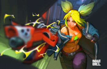 1girl bandaid bandaid_on_face bare_shoulders black_gloves breasts cleavage collarbone electricity fingerless_gloves gloves green_hair green_jacket gun highres jacket large_breasts league_of_legends looking_at_viewer maebiel midriff navel open_clothes open_jacket parted_bangs smile solo stomach twintails weapon zeri_(league_of_legends)