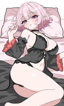 69rev_ bare_legs barefoot choker elf lingerie lucid_(maplestory) lying maplestory midriff on_back on_bed pillow pink_eyes pink_hair pointy_ears underwear