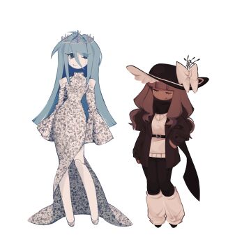 2girls air_zizon android blue_eyes blue_hair bow brown_hair brown_jacket brown_leggings brown_scarf closed_eyes closed_mouth colored_skin dark-skinned_female dark_skin detached_sleeves dress eunoia_(frozen_soul) frozen_soul full_body hat hat_bow highres jacket joints leggings long_hair low-tied_sidelocks multiple_girls nashatra_bealdhild ringed_eyes roblox robot_joints scarf shoes sidelocks smile sweater white_bow white_dress white_shoes white_skin white_sweater