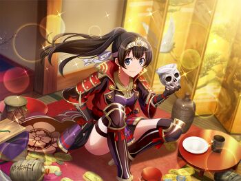 Rule 34 | 1girl, armor, black gloves, blue eyes, closed mouth, cosplay, cup, earrings, fingerless gloves, floating hair, game cg, gloves, hand on own hip, headband, holding, indoors, jacket, japanese armor, jar, jewelry, kagura hikari, kote, long hair, looking at viewer, oda nobunaga (real life), oda nobunaga (real life) (cosplay), official art, plate, ponytail, real life, red jacket, sakuramon, shoujo kageki revue starlight, shoujo kageki revue starlight -re live-, shoulder armor, sitting, skull, sode, solo, suneate, tatami, white headband