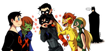 2girls 5boys alien artemis_crock batman black_hair blonde_hair brothers bruce_wayne cape carrying colored_skin cowl dc_comics dick_grayson domino_mask eye_mask family green_skin jojody kid_flash mask miss_martian multiple_boys multiple_girls nightwing orange_hair red_hair robin_(dc) s_shield shoulder_perch siblings silverly smile superboy superhero_costume tim_drake wally_west young_justice:_invasion